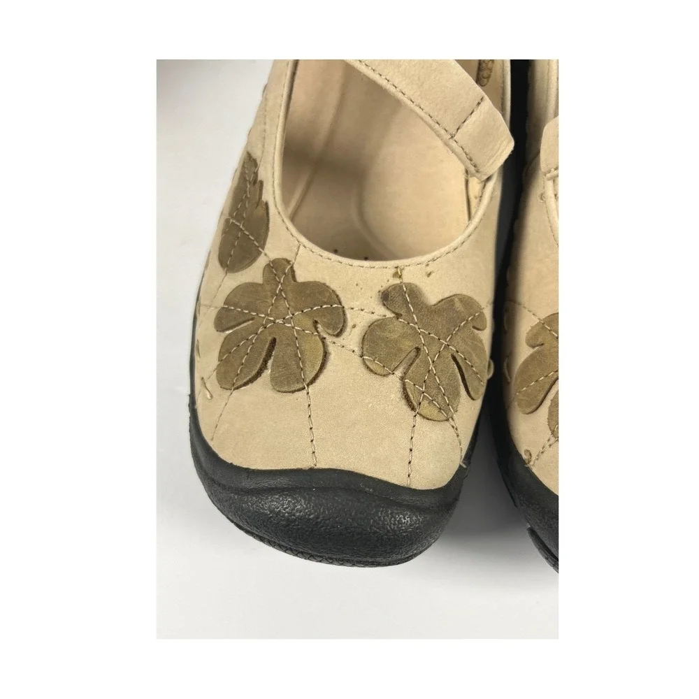 Keen Mary Jane Shoes Beige Leather Floral Leaf Applique Comfort Flats Womens 8.5